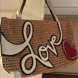Brighton Tan and White Love straw Tote with Red Heart